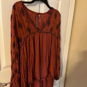 Free People Rust Boho Embroidered Long Sleeve Tunic